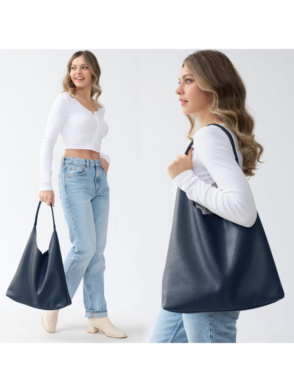 👜Women's Navy Blue Vegan Leather Hobo Bags Slouchy Shoulder Handbag Purse Soft - Picture 2 of 7